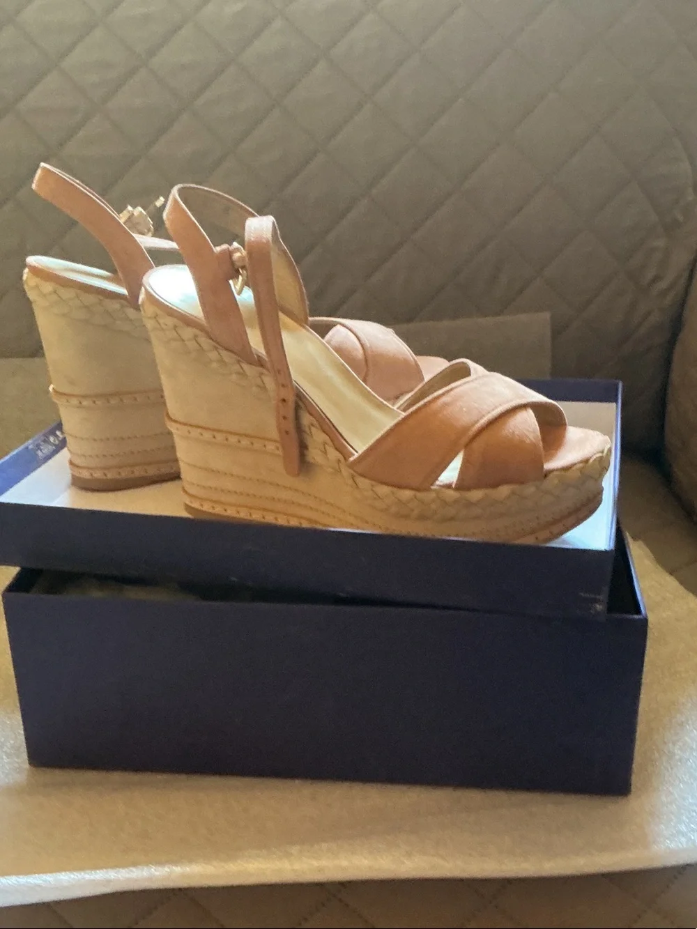 New In Box! Stuart Weitzman Peach Suede Platform Wedge Sandals